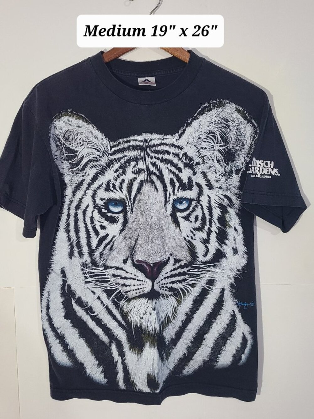 Vtg 90s Busch Gardens White Tiger "Extinction Is Forever" Black Faded Medium Tee - Picture 1 of 5